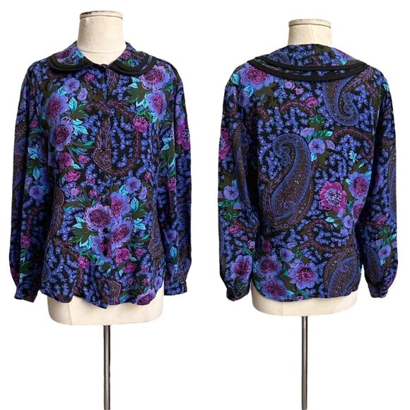 80s vintage floral Peter Pan Collar blouse paisley print puff sleeve button up. - Picture 6 of 7